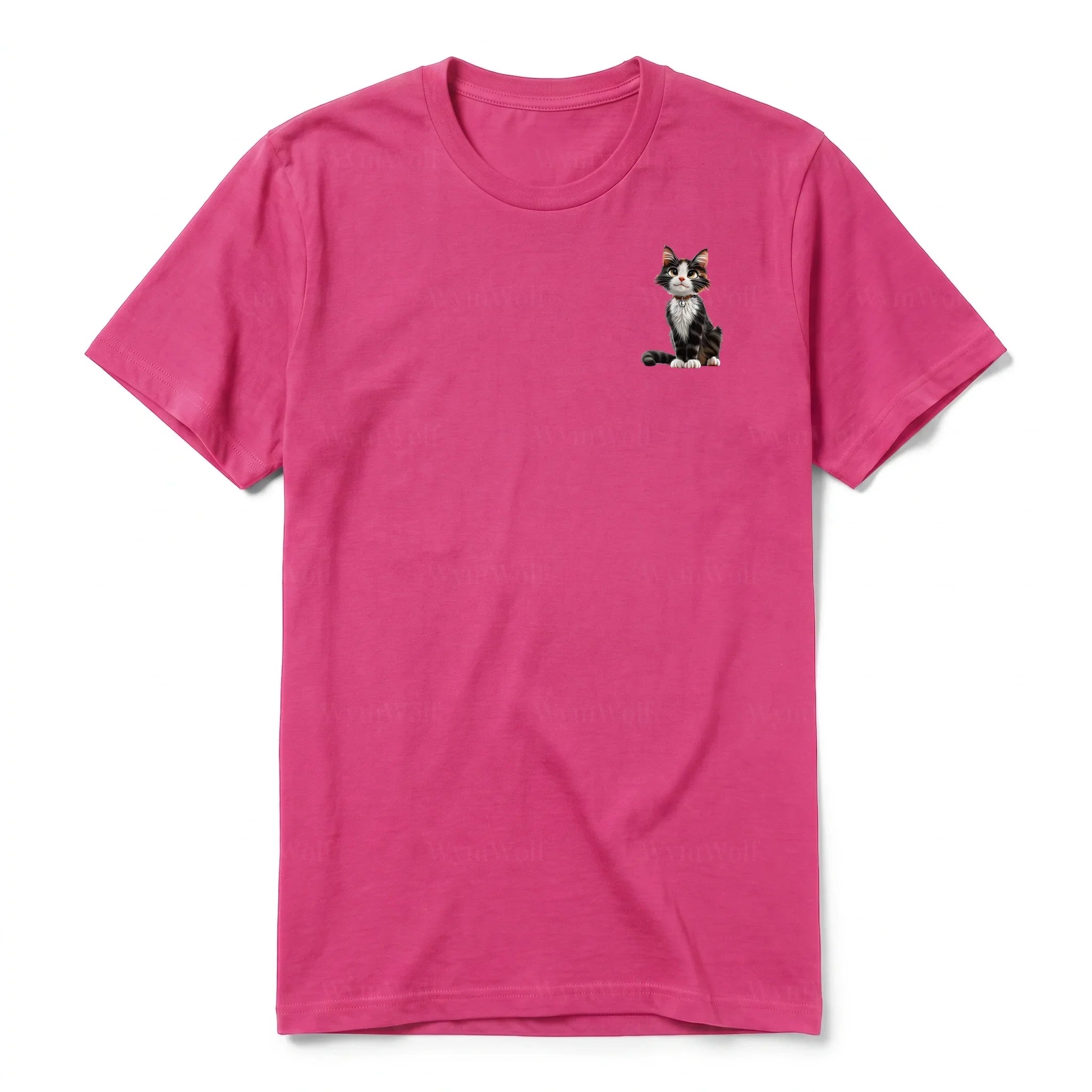 A raspberry short-sleeve crewneck t-shirt for adult featuring a graphic of a cat on the left chest.