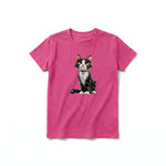 A raspberry short-sleeve crewneck t-shirt for youth featuring a graphic of a cat on the front.