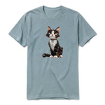 A sage short-sleeve crewneck t-shirt for adult featuring a graphic of a cat on the front.