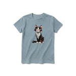A sage short-sleeve crewneck t-shirt for youth featuring a graphic of a cat on the front.