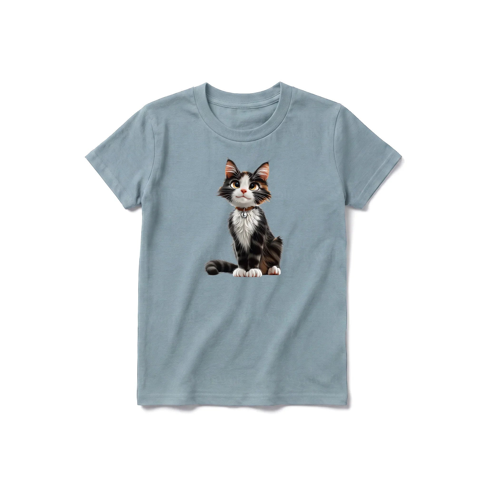 A sage short-sleeve crewneck t-shirt for youth featuring a graphic of a cat on the front.