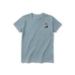 A sage short-sleeve crewneck t-shirt for youth featuring a graphic of a cat on the left chest.