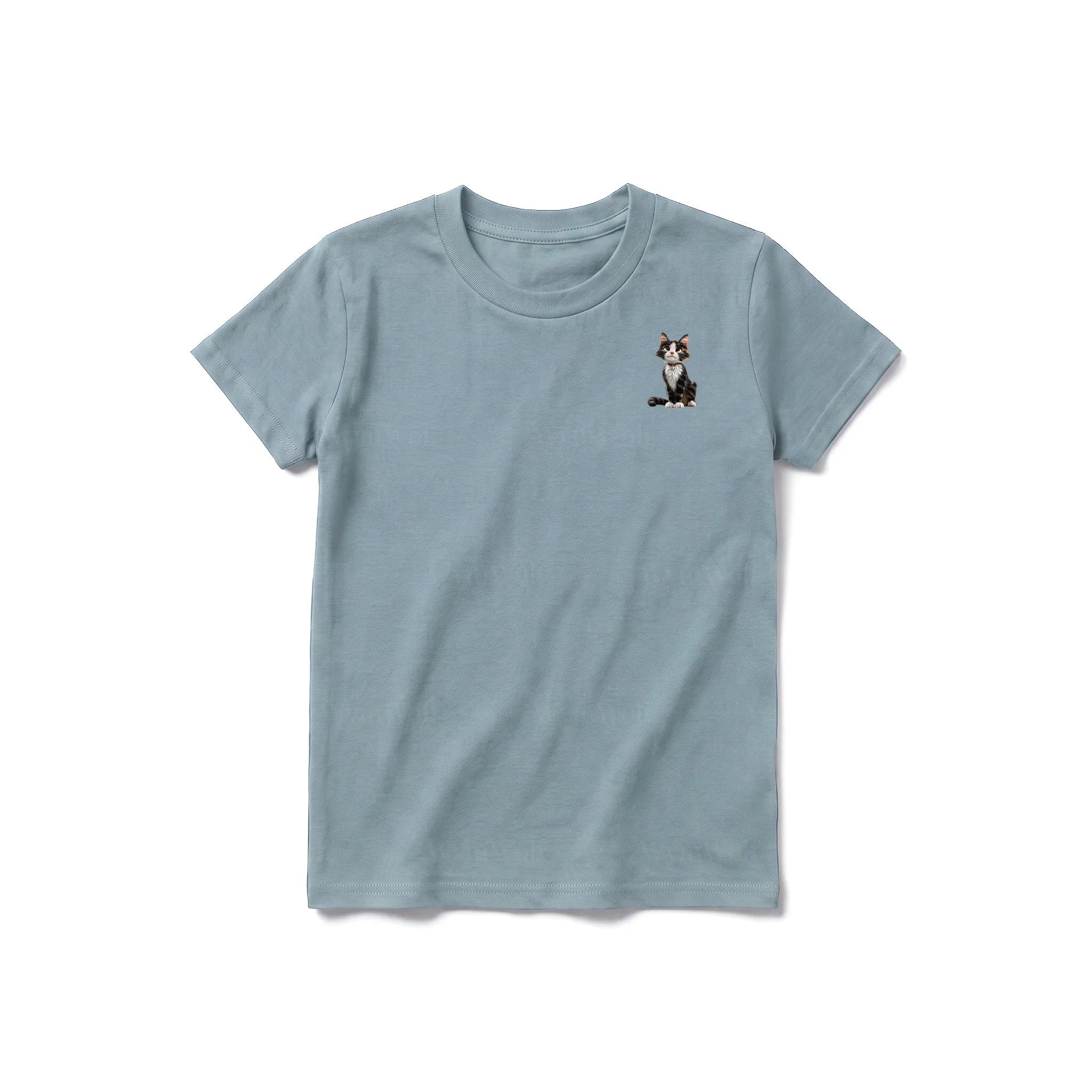 A sage short-sleeve crewneck t-shirt for youth featuring a graphic of a cat on the left chest.