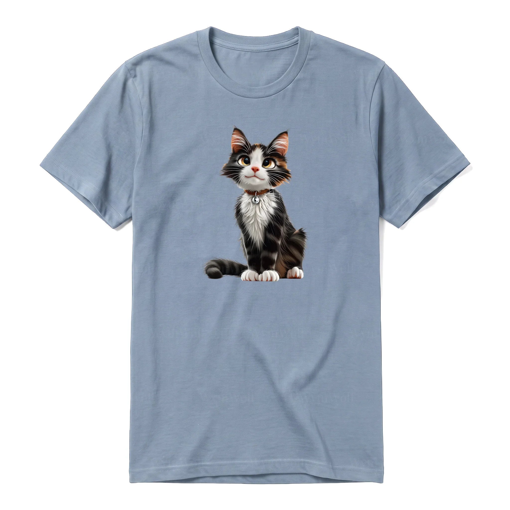 Un T-shirt steel-blue à manches courtes et col rond, orné d'un motif représentant un chat sur le devant.