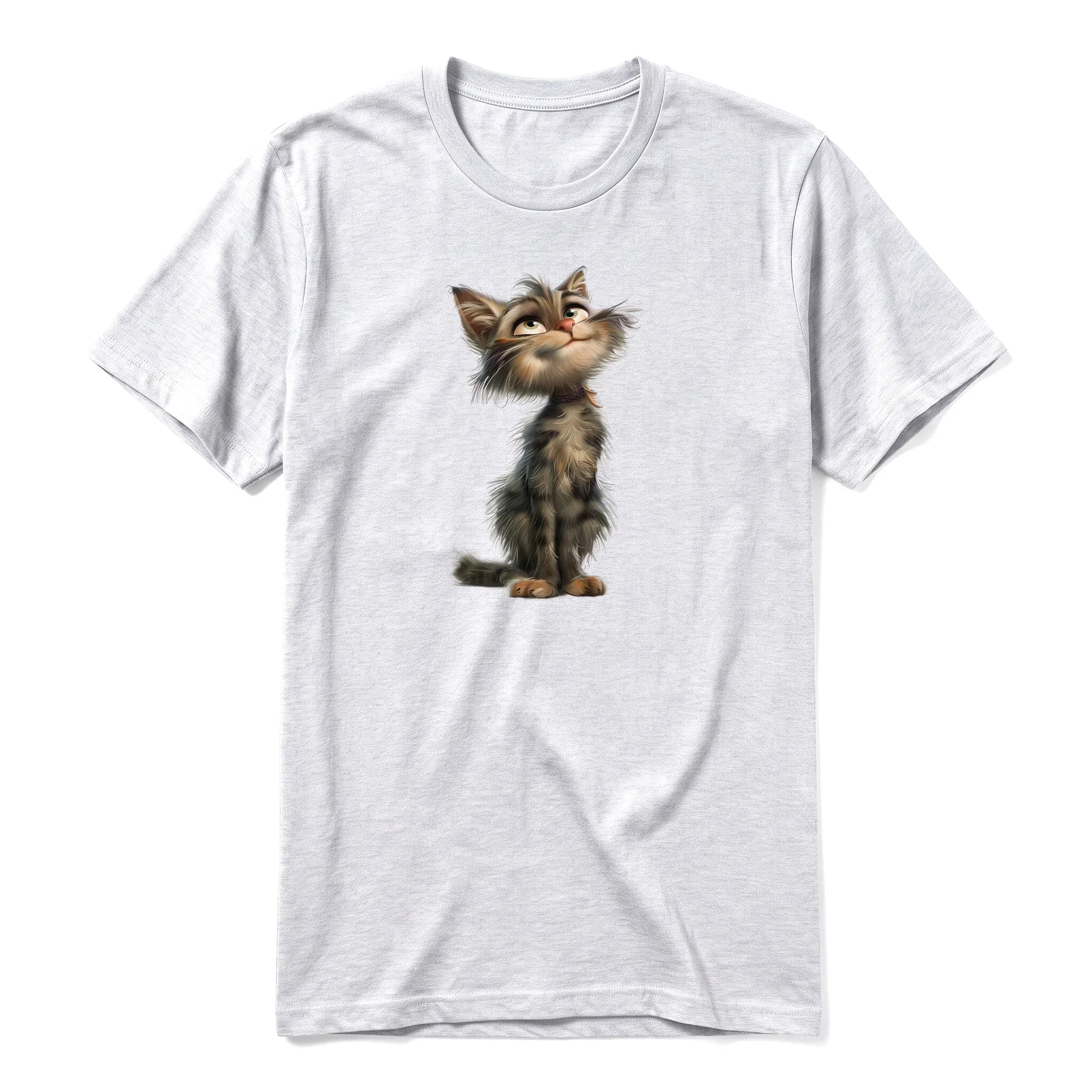 A ash grey short-sleeve crewneck t-shirt for adult featuring a graphic of a cat on the front.