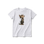 A ash grey short-sleeve crewneck t-shirt for youth featuring a graphic of a cat on the front.