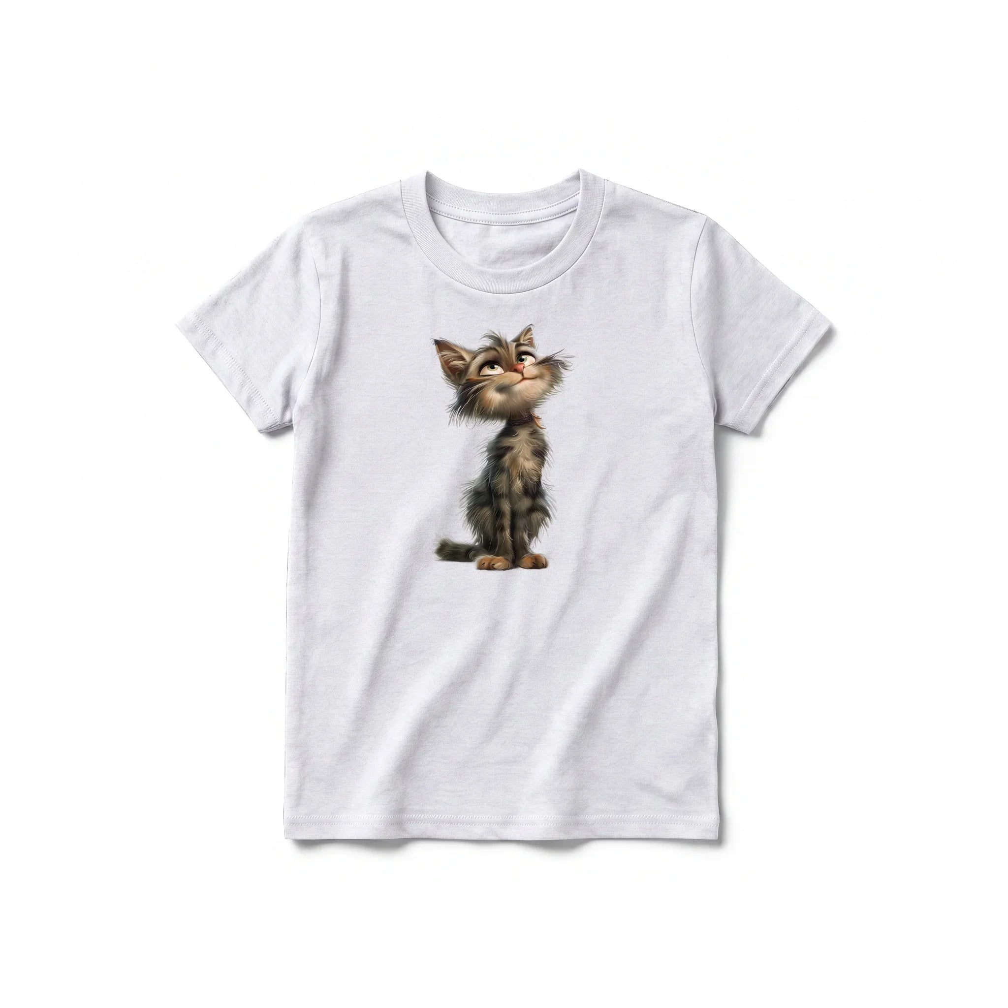 A ash grey short-sleeve crewneck t-shirt for youth featuring a graphic of a cat on the front.