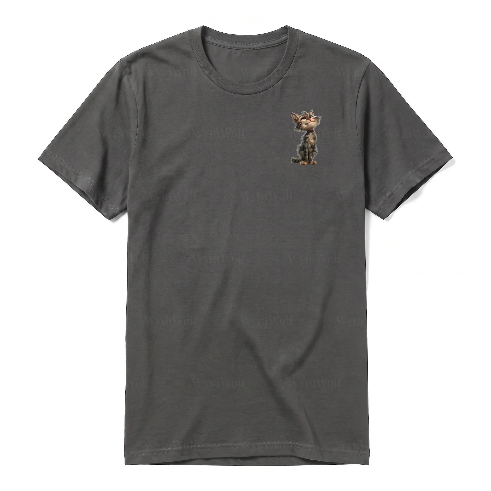 A charcoal short-sleeve crewneck t-shirt for adult featuring a graphic of a cat on the left chest.