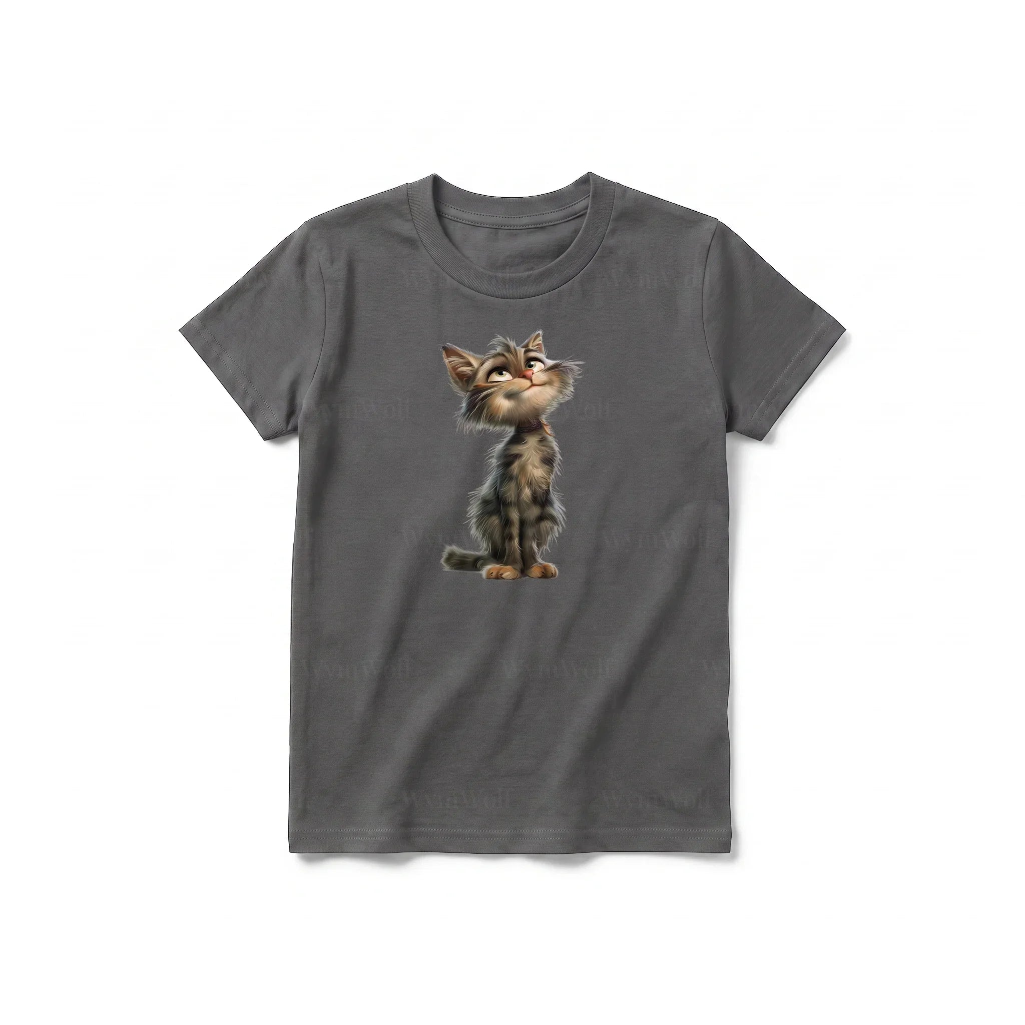 A charcoal short-sleeve crewneck t-shirt for youth featuring a graphic of a cat on the front.