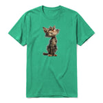 A kelly short-sleeve crewneck t-shirt for adult featuring a graphic of a cat on the front.