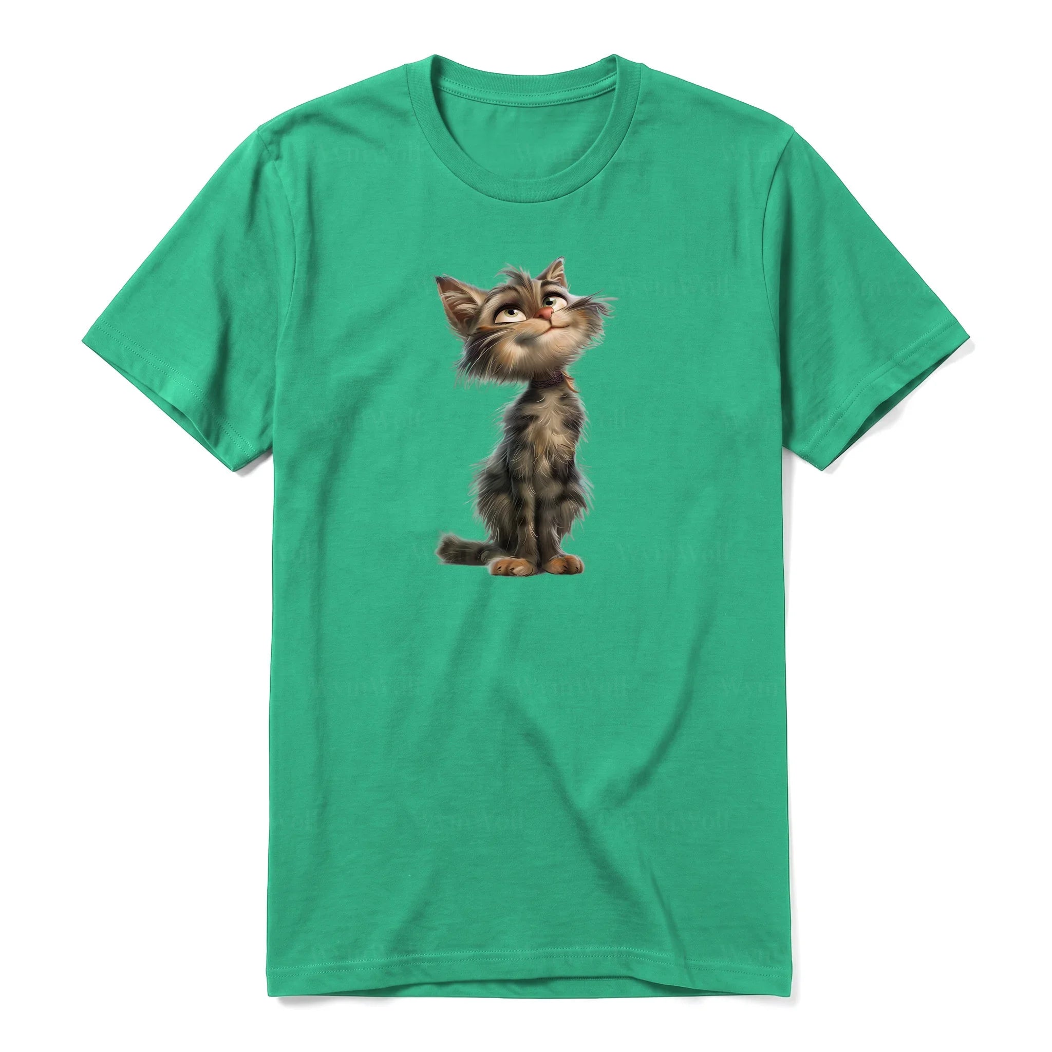 A kelly short-sleeve crewneck t-shirt for adult featuring a graphic of a cat on the front.
