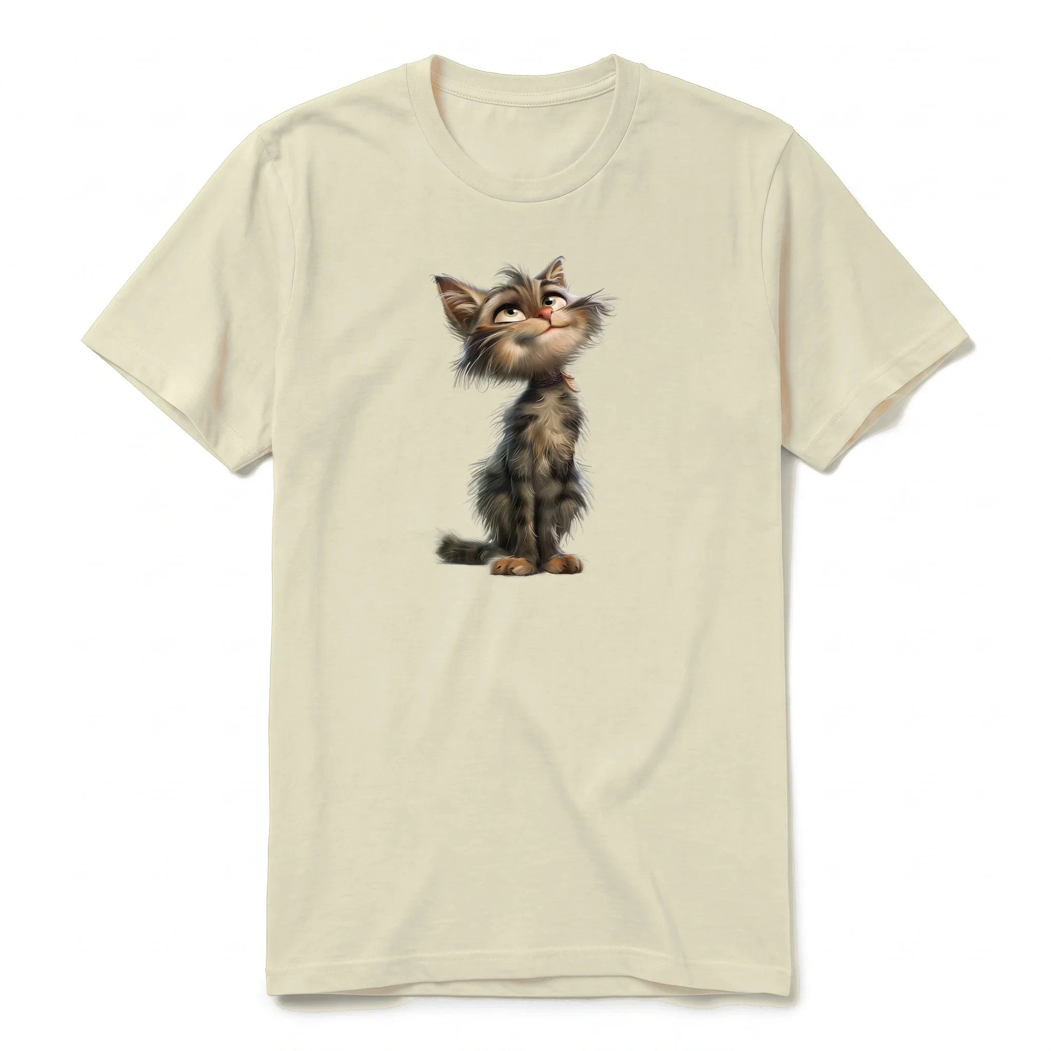 A latte short-sleeve crewneck t-shirt for adult featuring a graphic of a cat on the front.