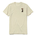 A latte short-sleeve crewneck t-shirt for adult featuring a graphic of a cat on the left chest.