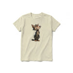A latte short-sleeve crewneck t-shirt for youth featuring a graphic of a cat on the front.