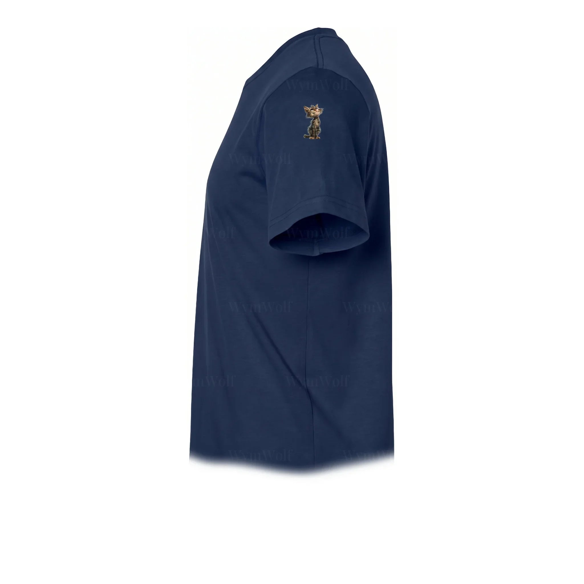 A navy short-sleeve crewneck t-shirt  featuring a small graphic of a cat on the upper left sleeve.