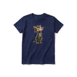 A navy short-sleeve crewneck t-shirt for youth featuring a graphic of a cat on the front.