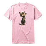 A pink short-sleeve crewneck t-shirt for adult featuring a graphic of a cat on the front.