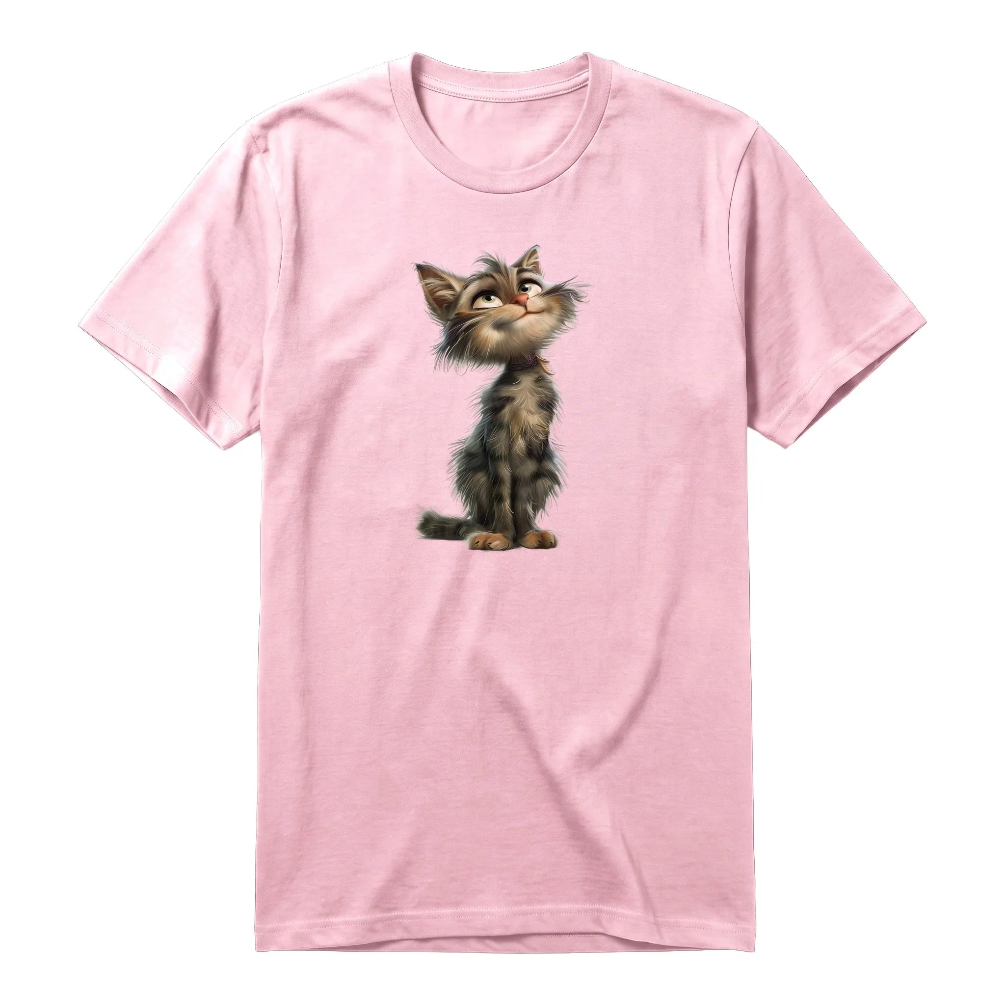 A pink short-sleeve crewneck t-shirt for adult featuring a graphic of a cat on the front.