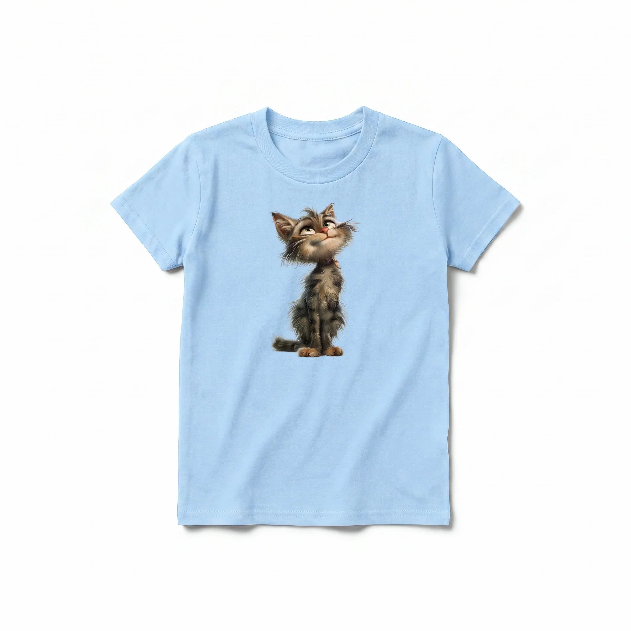 Un T-shirt poudre à manches courtes et col rond pour jeune, orné d'un motif représentant un chat sur le devant.