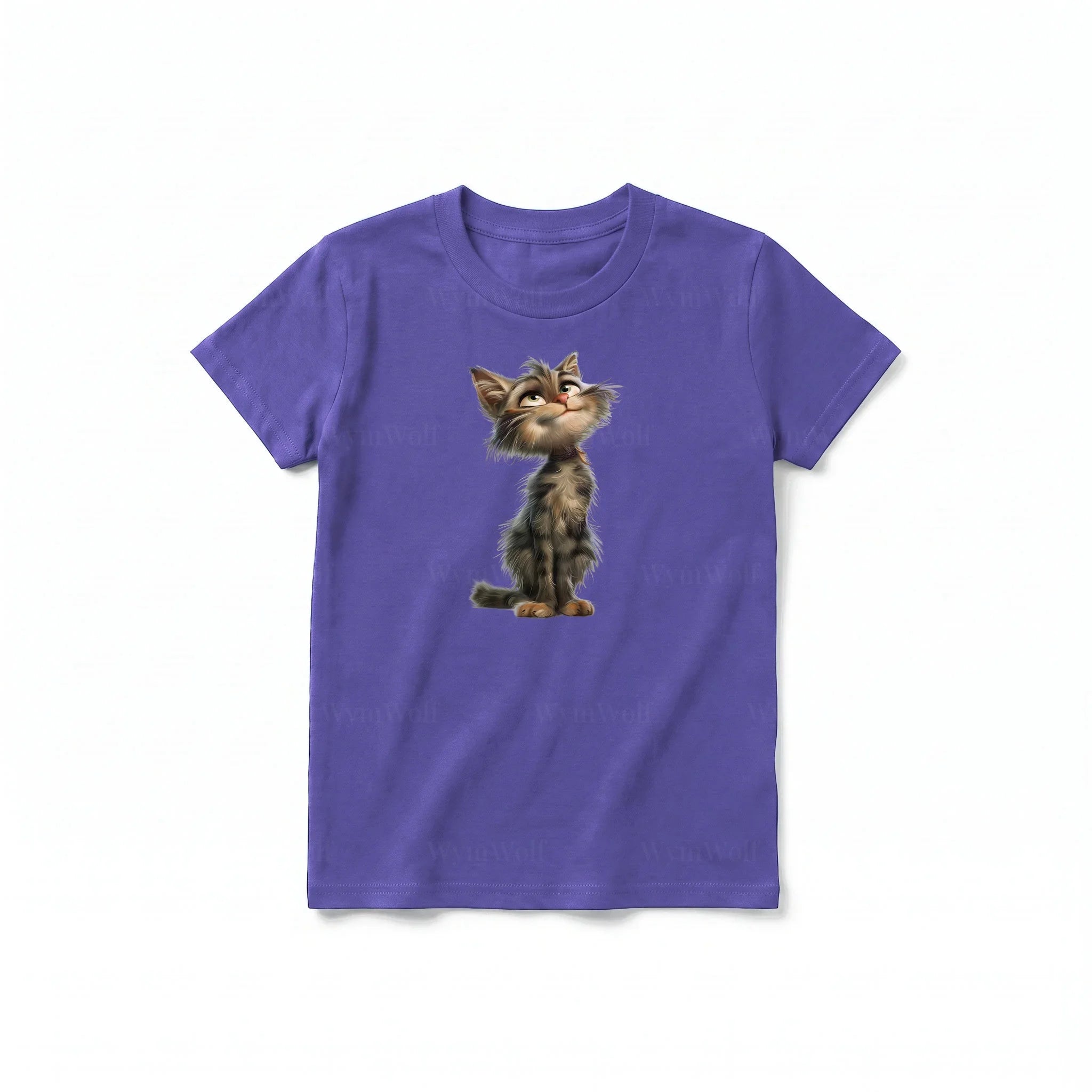 Un T-shirt violet à manches courtes et col rond pour jeune, orné d'un motif représentant un chat sur le devant.
