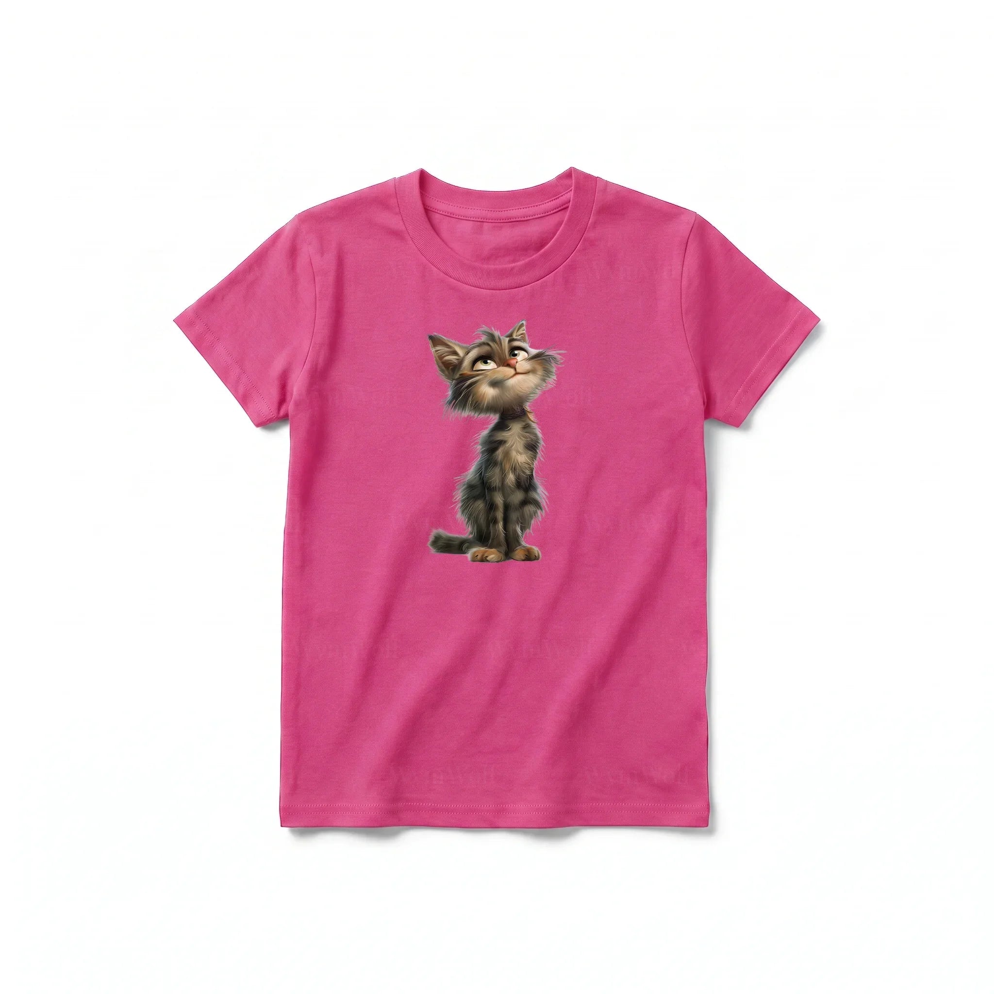 A raspberry short-sleeve crewneck t-shirt for youth featuring a graphic of a cat on the front.