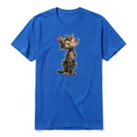 A royal short-sleeve crewneck t-shirt for adult featuring a graphic of a cat on the front.