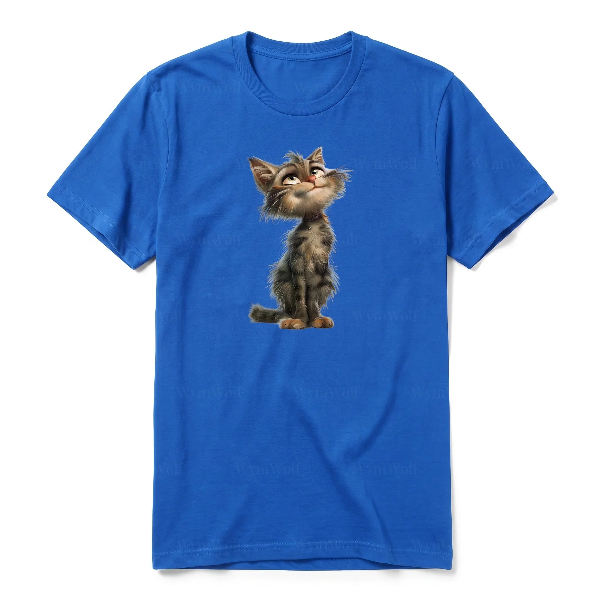 A royal short-sleeve crewneck t-shirt for adult featuring a graphic of a cat on the front.