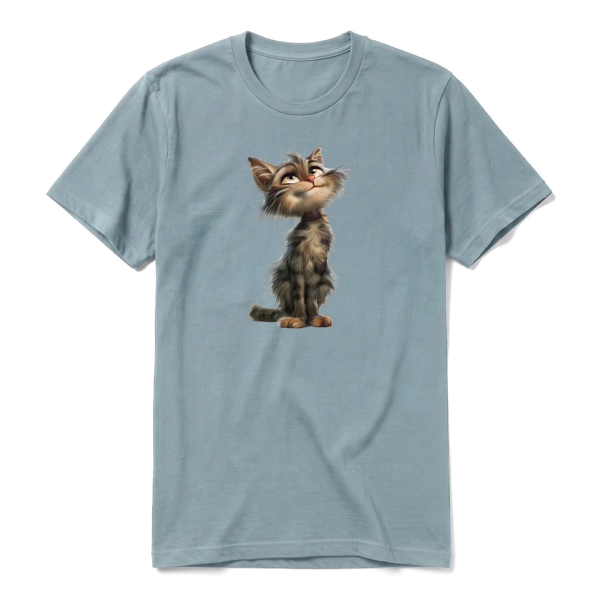 A sage short-sleeve crewneck t-shirt for adult featuring a graphic of a cat on the front.