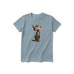 A sage short-sleeve crewneck t-shirt for youth featuring a graphic of a cat on the front.