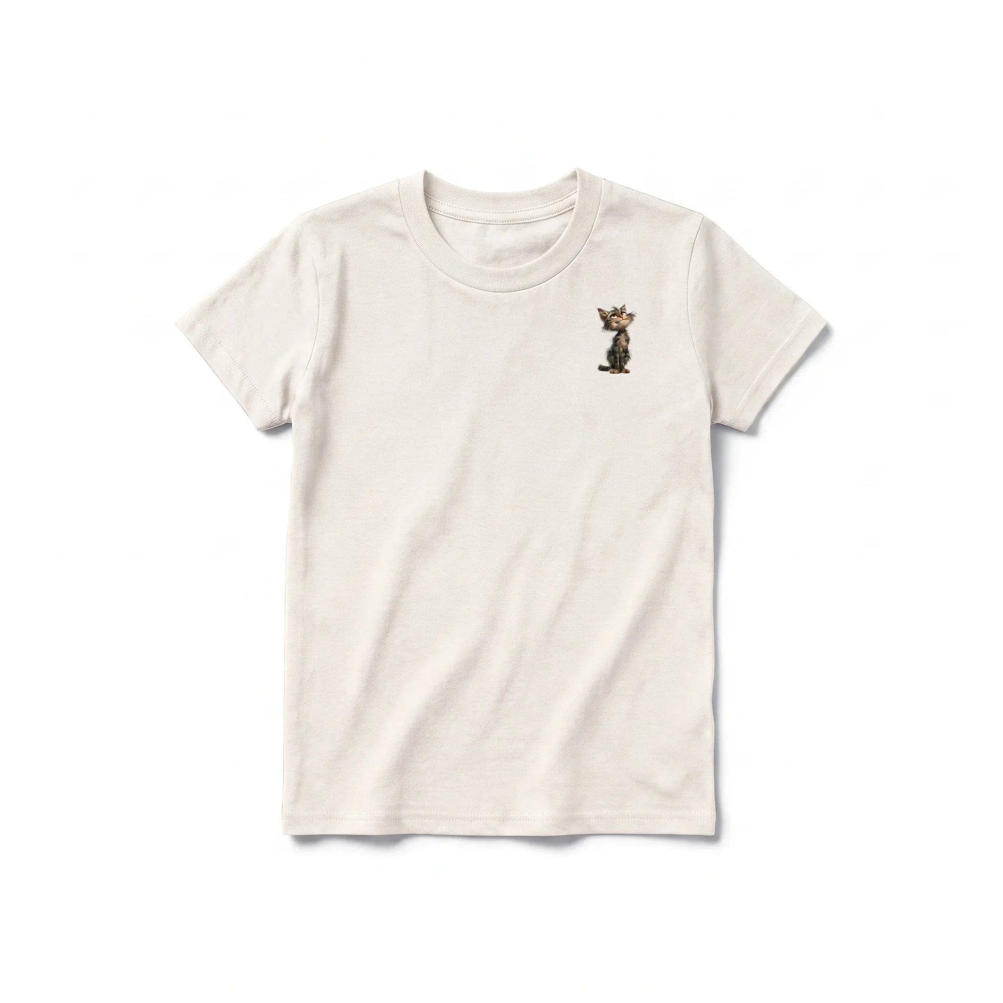 A vintage-white short-sleeve crewneck t-shirt for youth featuring a graphic of a cat on the left chest.