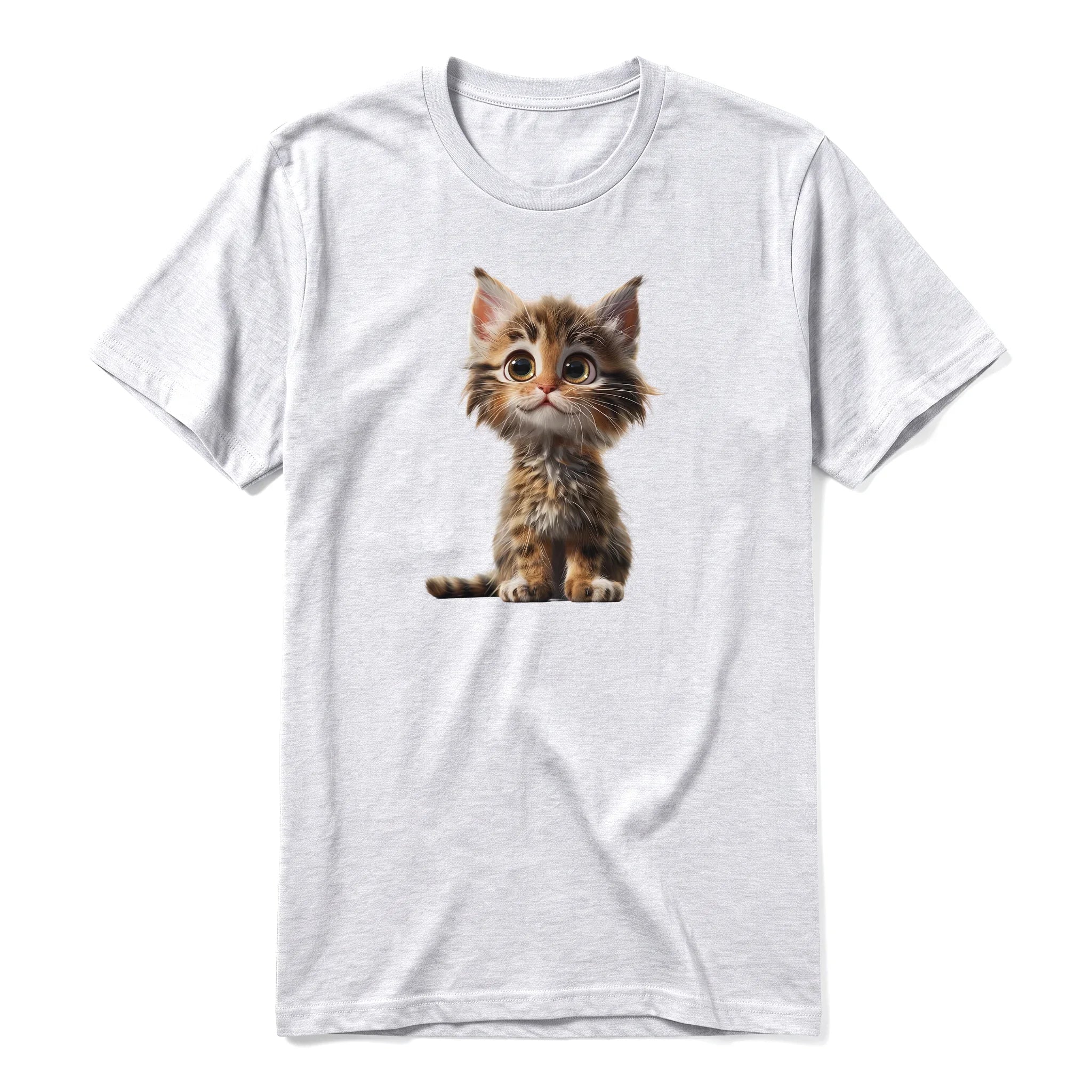 A ash grey short-sleeve crewneck t-shirt for adult featuring a graphic of a cat on the front.