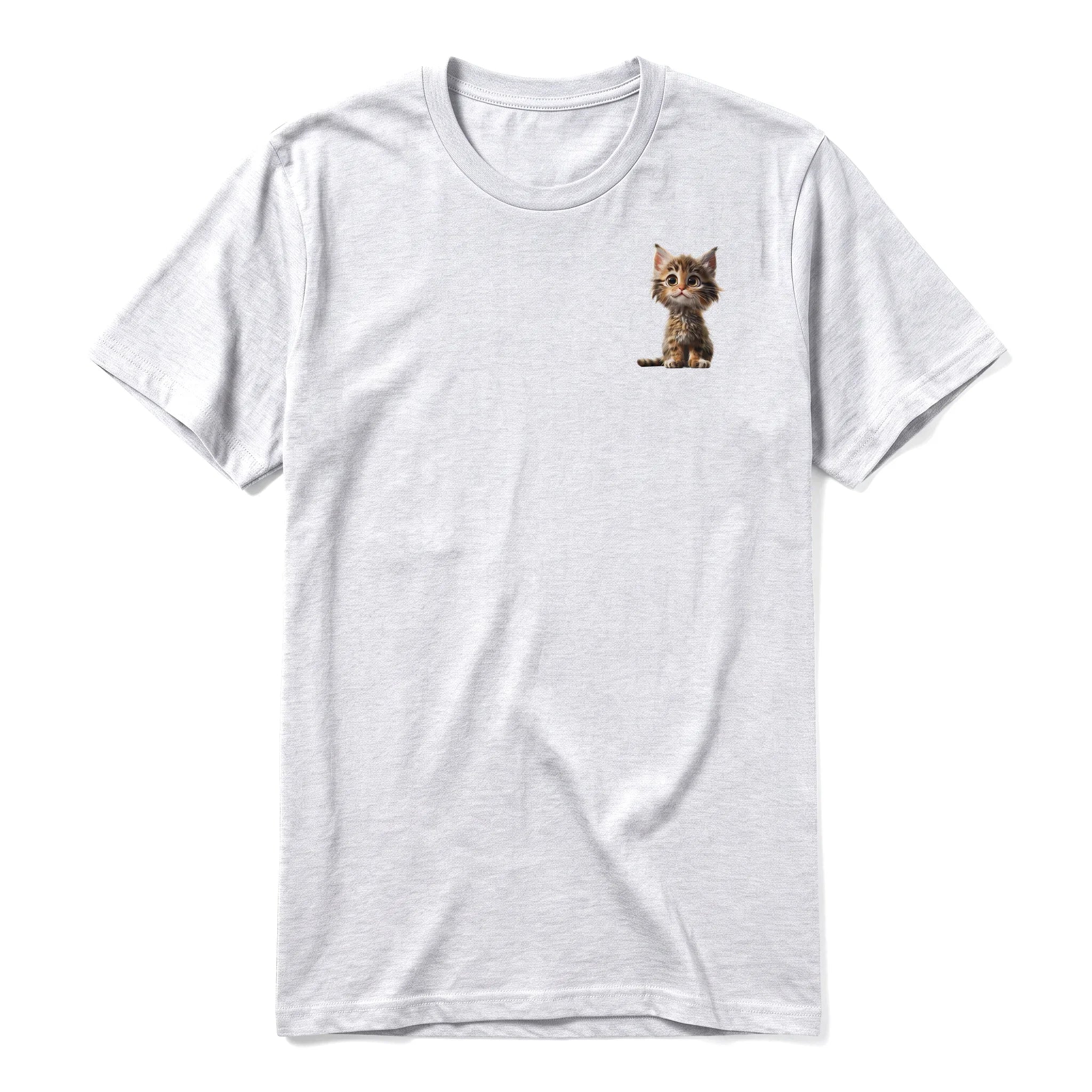 A ash grey short-sleeve crewneck t-shirt for adult featuring a graphic of a cat on the left chest.