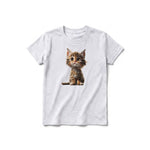 A ash grey short-sleeve crewneck t-shirt for youth featuring a graphic of a cat on the front.