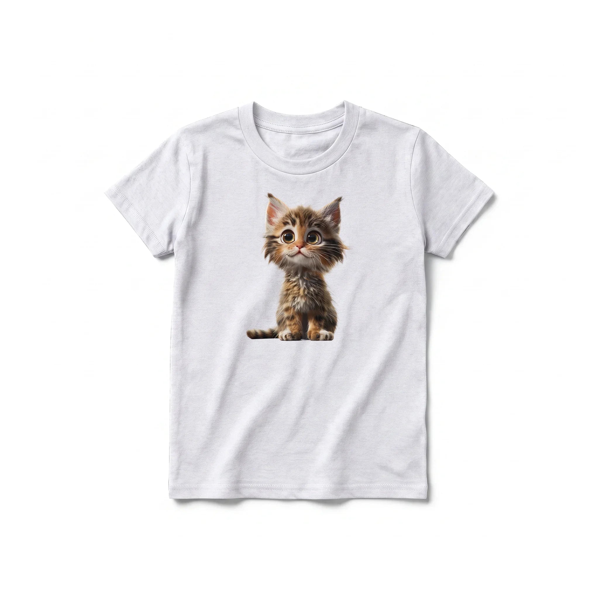A ash grey short-sleeve crewneck t-shirt for youth featuring a graphic of a cat on the front.