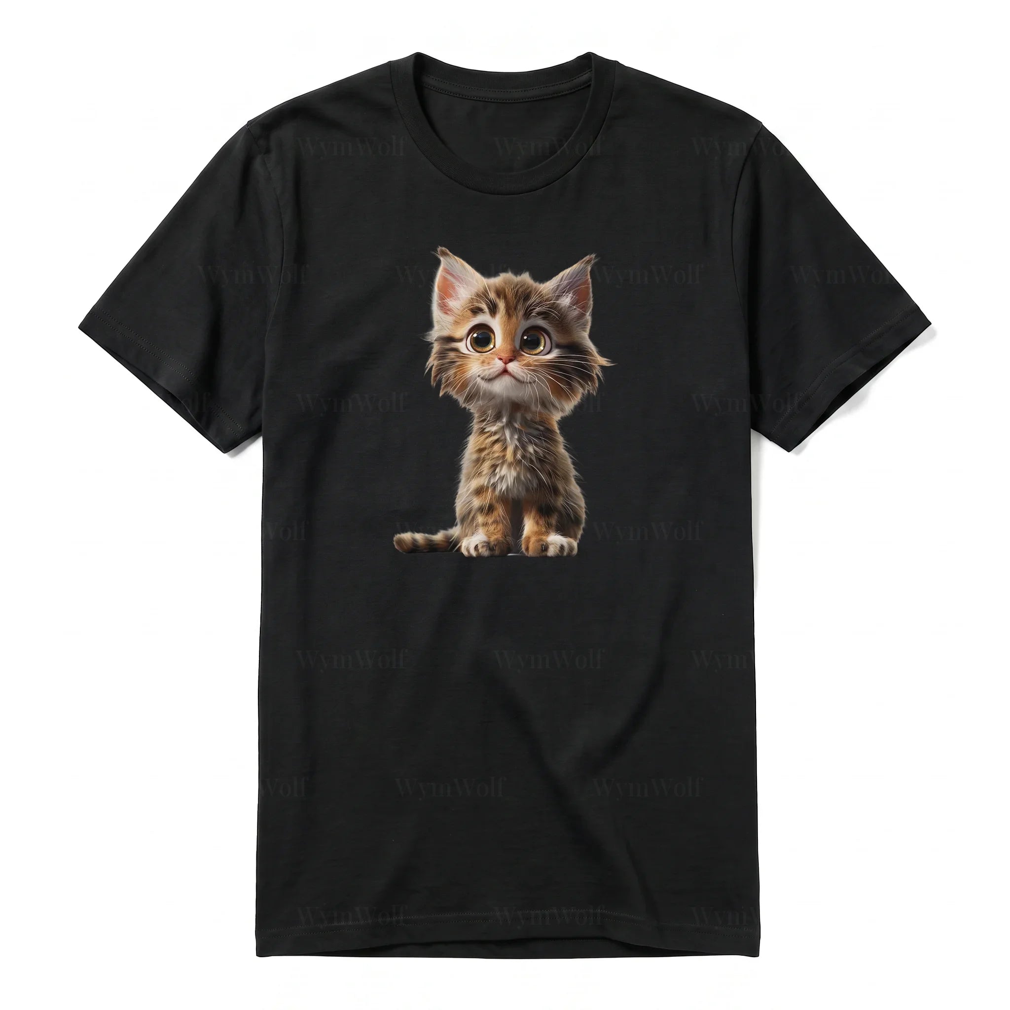 A black short-sleeve crewneck t-shirt for adult featuring a graphic of a cat on the front.