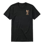 A black short-sleeve crewneck t-shirt for adult featuring a graphic of a cat on the left chest.