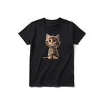 A black short-sleeve crewneck t-shirt for youth featuring a graphic of a cat on the front.