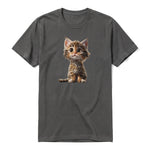 A charcoal short-sleeve crewneck t-shirt for adult featuring a graphic of a cat on the front.