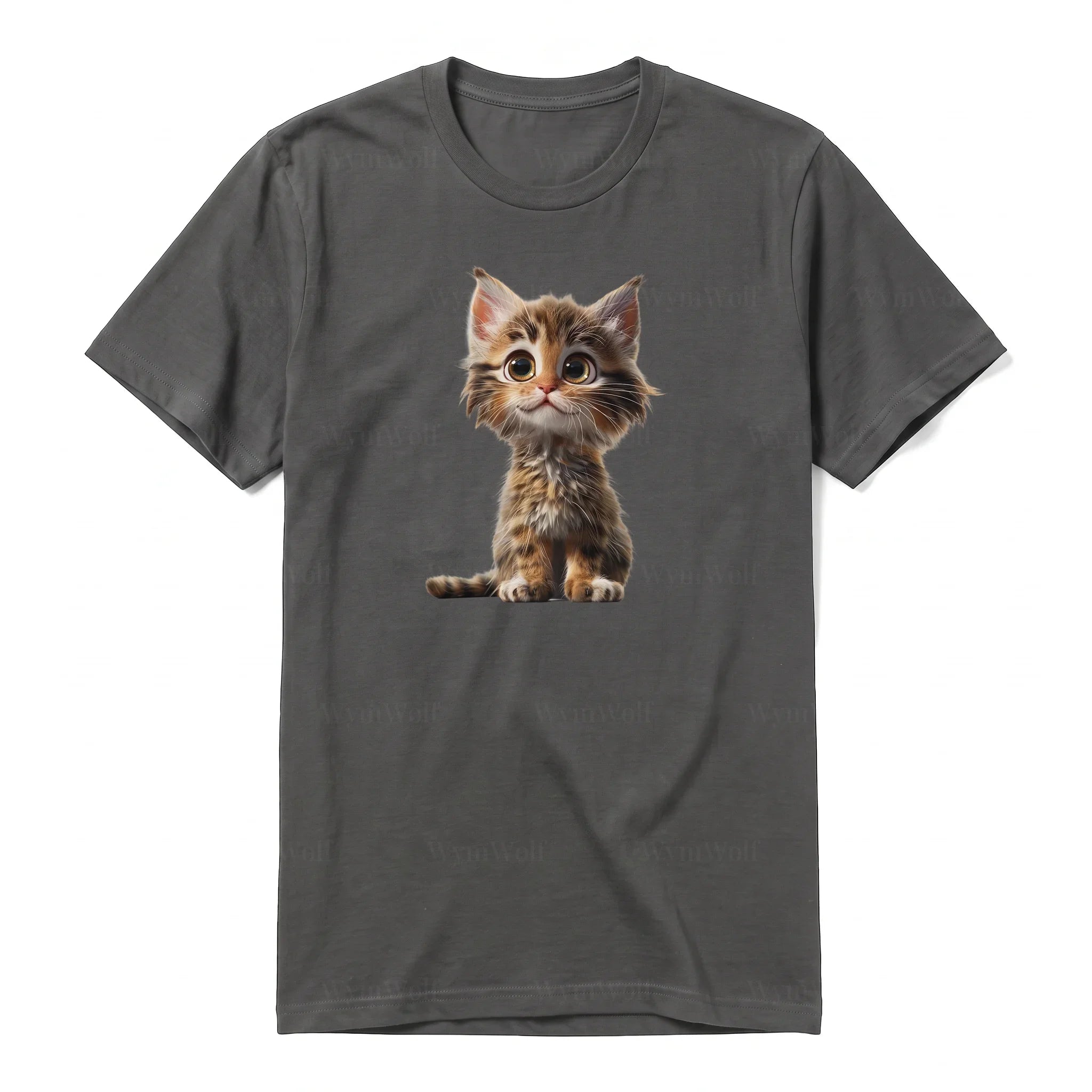 A charcoal short-sleeve crewneck t-shirt for adult featuring a graphic of a cat on the front.