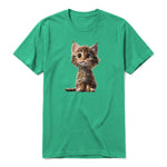 A kelly short-sleeve crewneck t-shirt for adult featuring a graphic of a cat on the front.