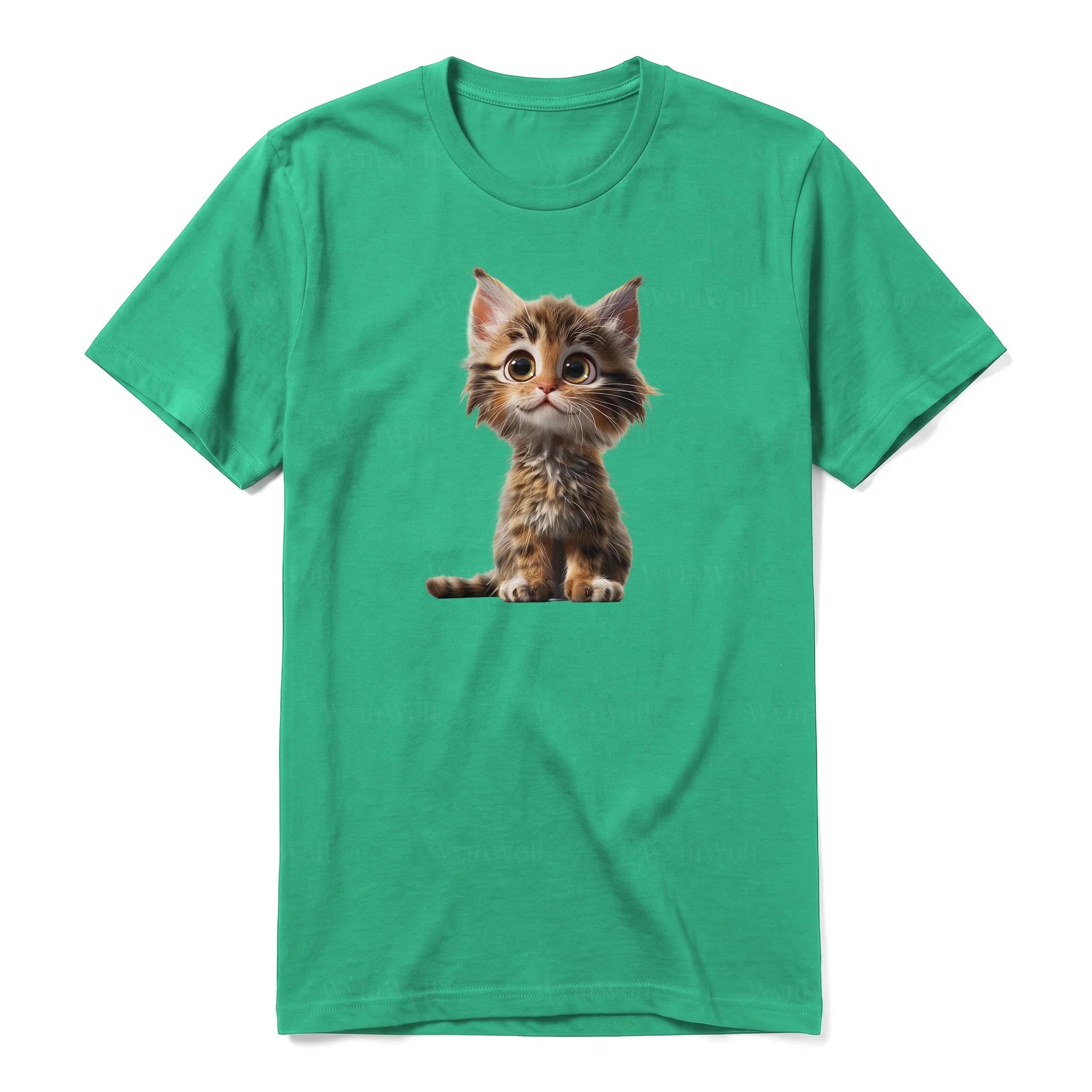 A kelly short-sleeve crewneck t-shirt for adult featuring a graphic of a cat on the front.