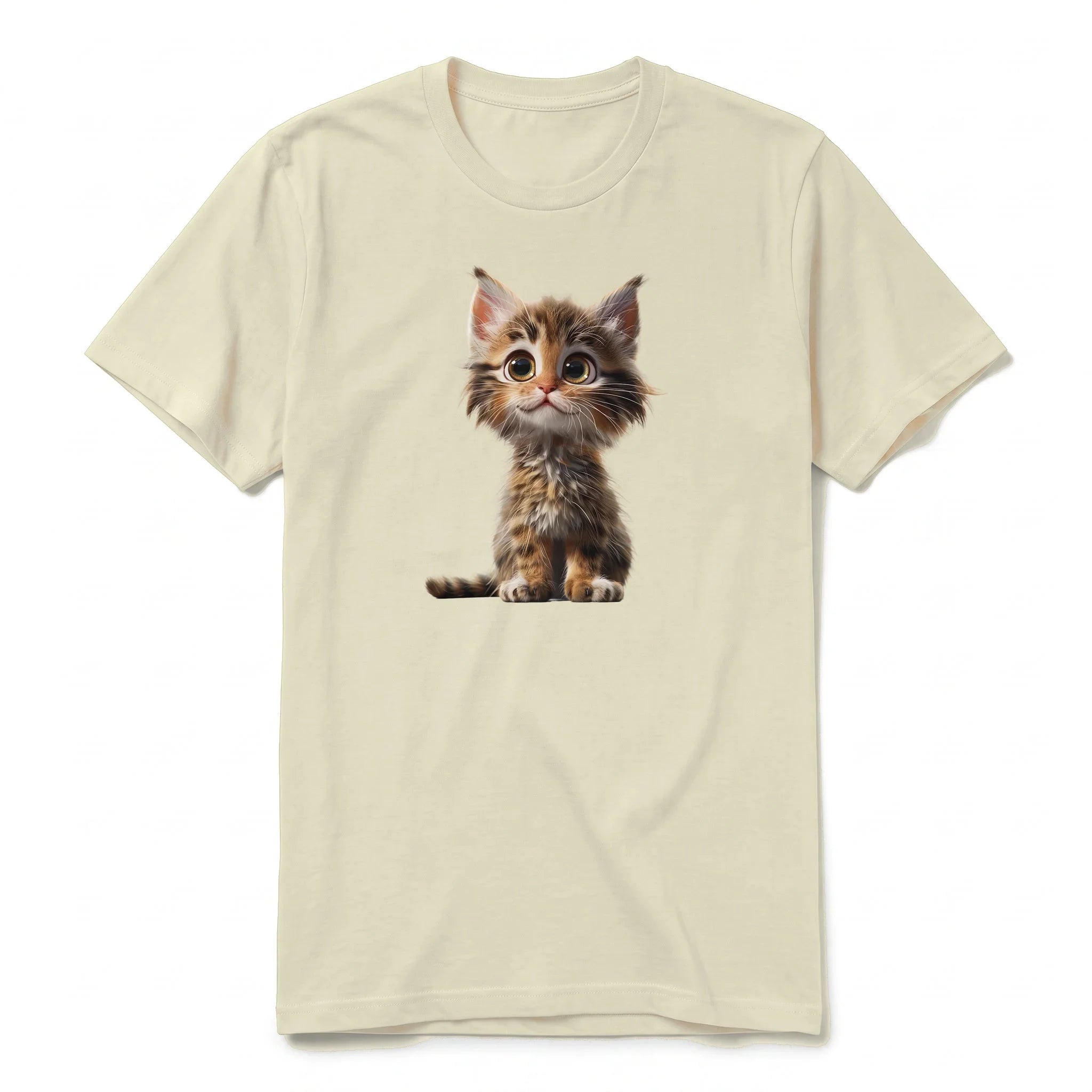 A latte short-sleeve crewneck t-shirt for adult featuring a graphic of a cat on the front.