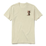 A latte short-sleeve crewneck t-shirt for adult featuring a graphic of a cat on the left chest.