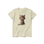 A latte short-sleeve crewneck t-shirt for youth featuring a graphic of a cat on the front.