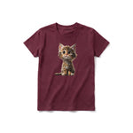 A maroon short-sleeve crewneck t-shirt for youth featuring a graphic of a cat on the front.
