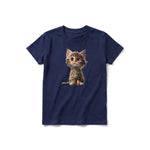 A navy short-sleeve crewneck t-shirt for youth featuring a graphic of a cat on the front.