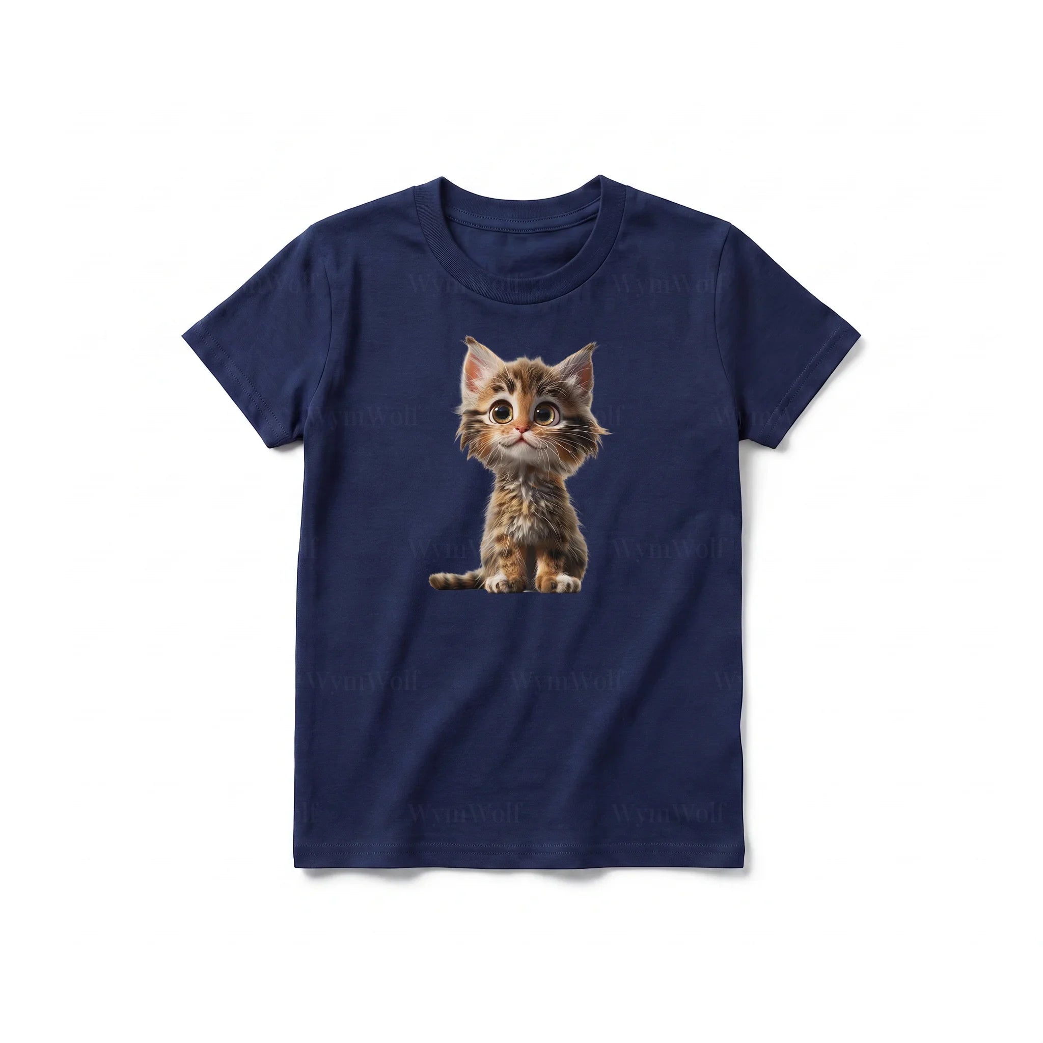 A navy short-sleeve crewneck t-shirt for youth featuring a graphic of a cat on the front.