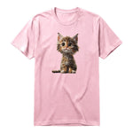 A pink short-sleeve crewneck t-shirt for adult featuring a graphic of a cat on the front.