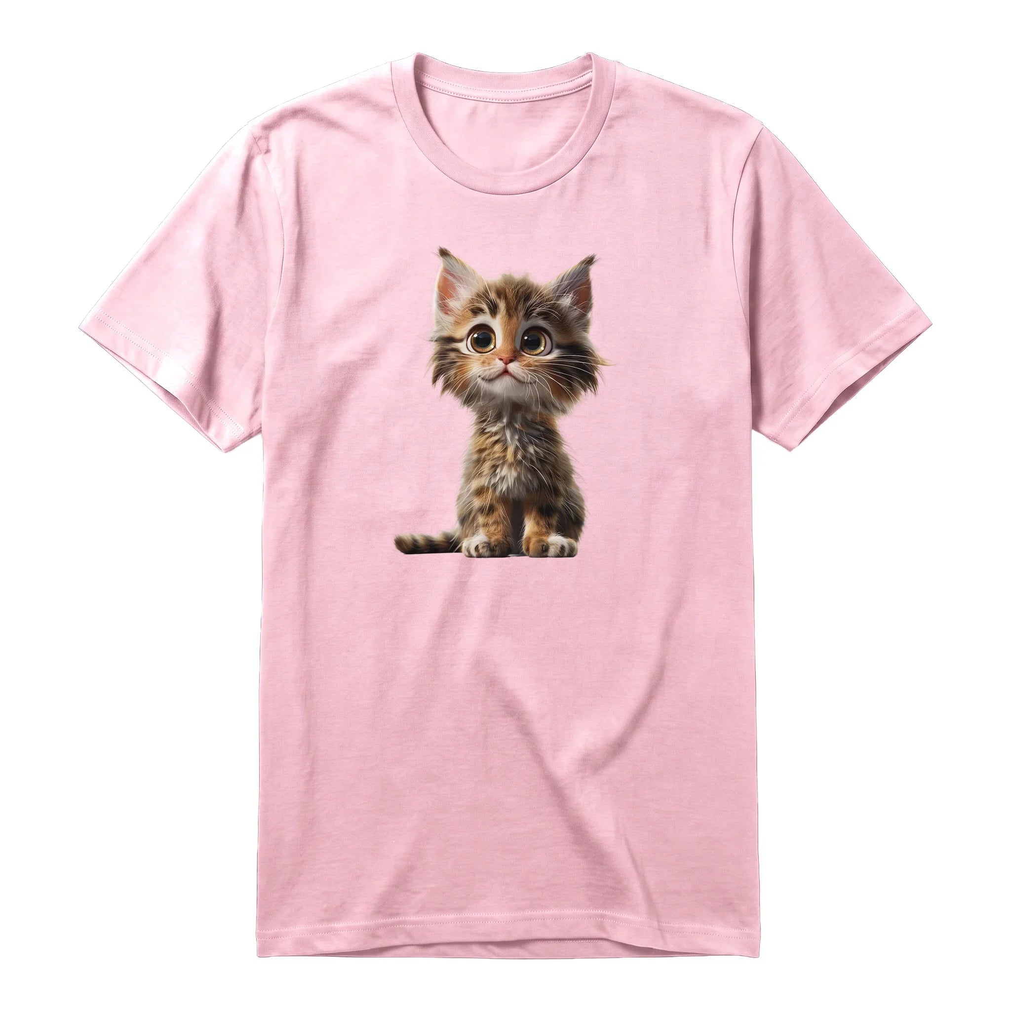 A pink short-sleeve crewneck t-shirt for adult featuring a graphic of a cat on the front.