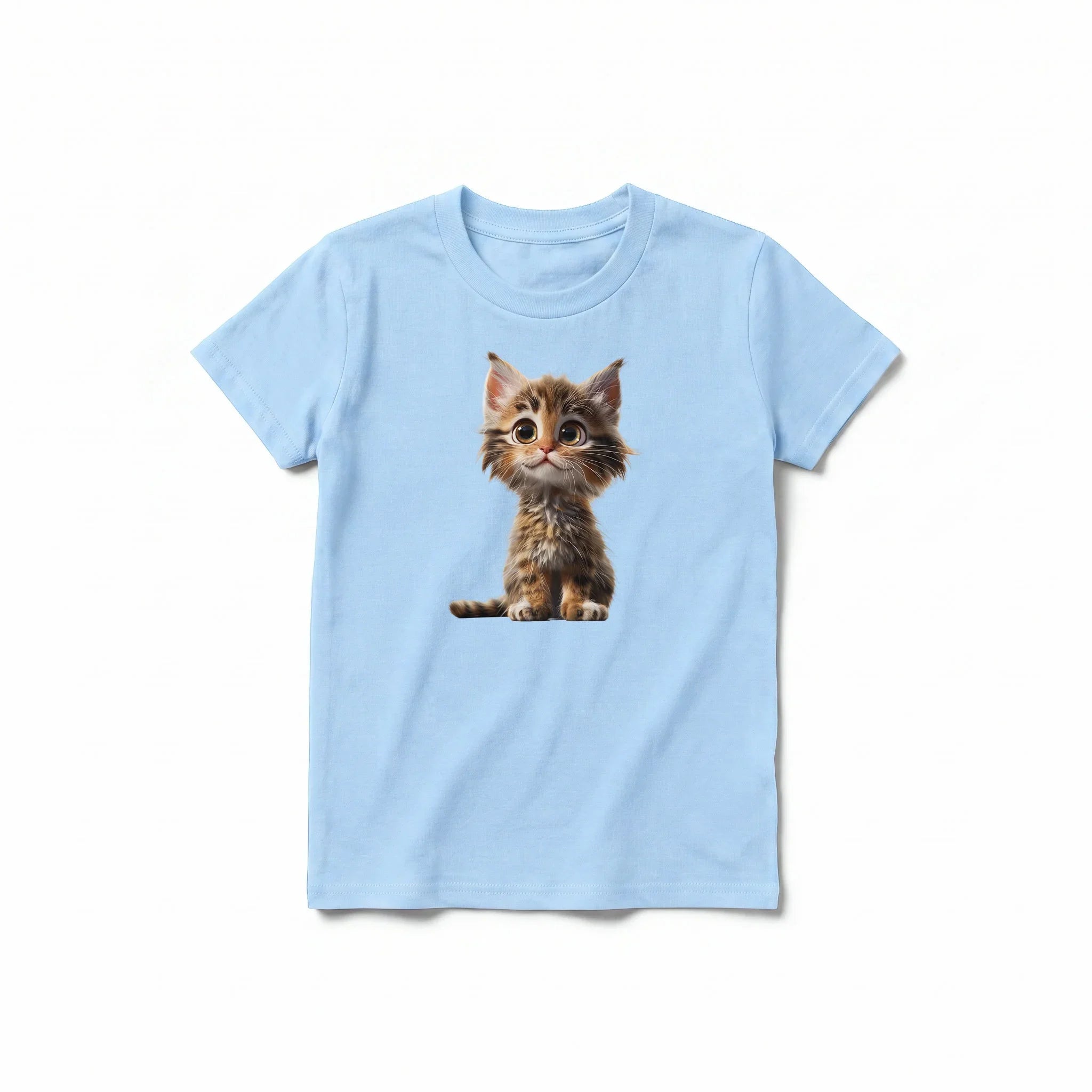 Un T-shirt poudre à manches courtes et col rond pour jeune, orné d'un motif représentant un chat sur le devant.